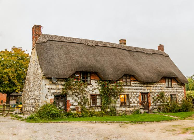 A large and wide thatch property, with two storeys, flowers growing up the walls and a small grass area in the front.